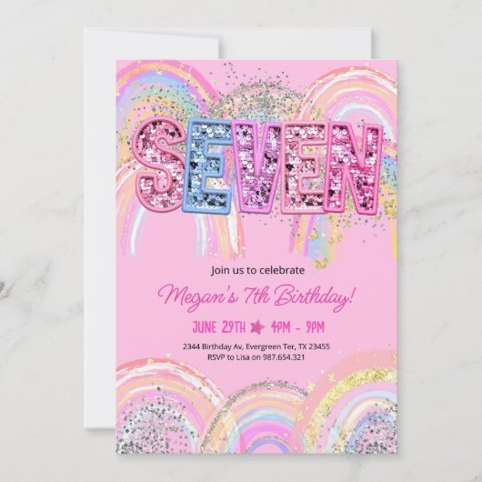 7e Verjaardag Uitnodiging Meisje Bewerkbare Rainbo (Voorkant)