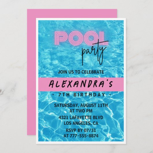 7e verjaardag uitnodiging voor haar Pool Party Sum (Voorkant / Achterkant)