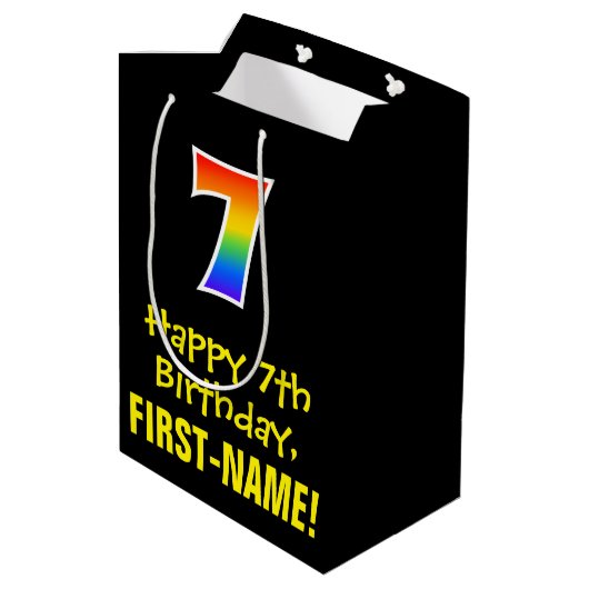 7e verjaardag: Vun, Vet, kleurrijk, Regenboog "7" Medium Cadeauzakje (Achterkant Gekanteld)