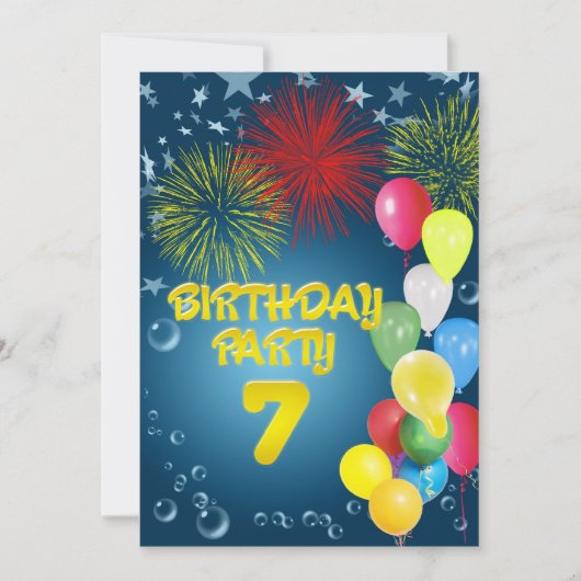 7e verjaardagsfeest Uitnodiging met ballonnen (Voorkant)