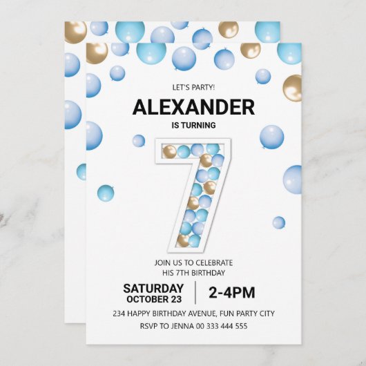 7e verjaardagsfeestje, blauwe en gouden ballon jon kaart (Voorkant / Achterkant)