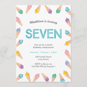 7e verjaardagsfeestje Rainbow Ice cream uitnodig Kaart