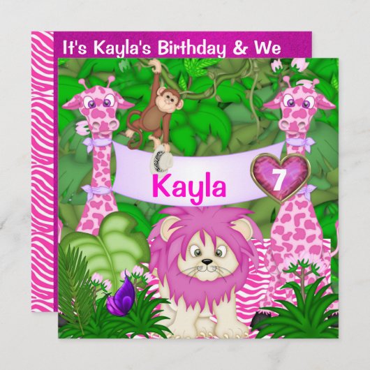 7ème invitation de jungle d'ANNIVERSAIRE de filles (Devant / Derrière)