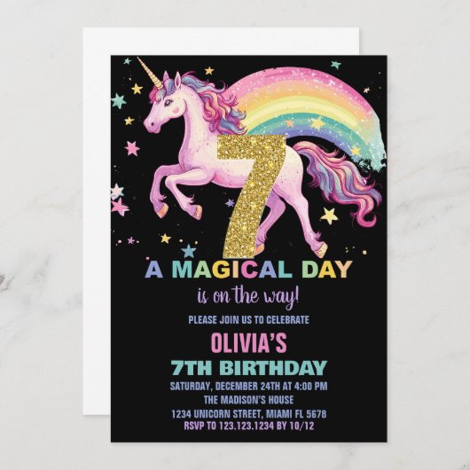 7ème Unicorn Invitations Anniversaire Noir (Devant / Derrière)