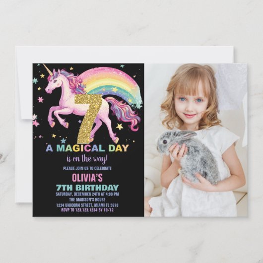 7ème Unicorn Invitations Anniversaire Noir avec ph (Devant)