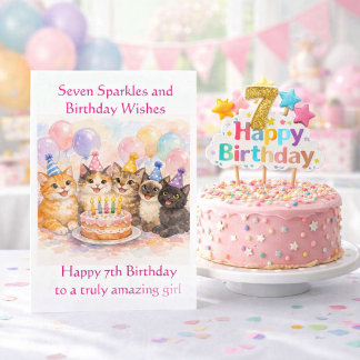 7th Birthday Card for Girls Festive Cat Party  Kaart
