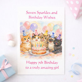 7th Birthday Card for Girls Festive Cat Party  Kaart