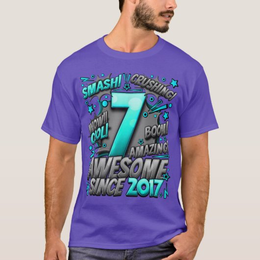 7th Birthday Comic Style Awesome since 2017 7 Year T-shirt (Voorkant)