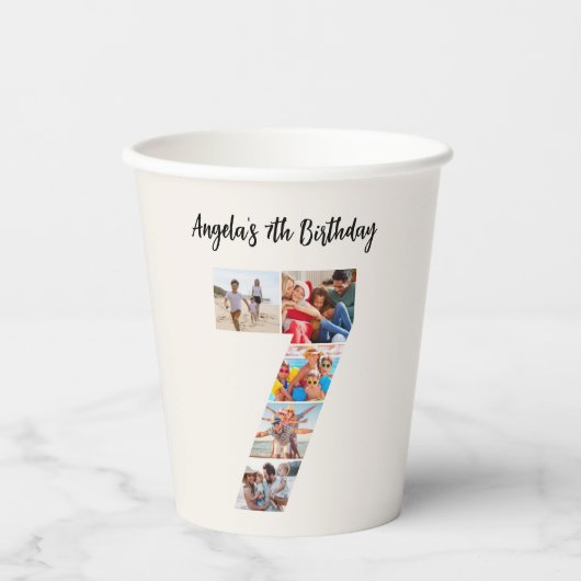 7th Birthday Photo Collage Number 7 Paper Cups Papieren Bekers (Voorkant)