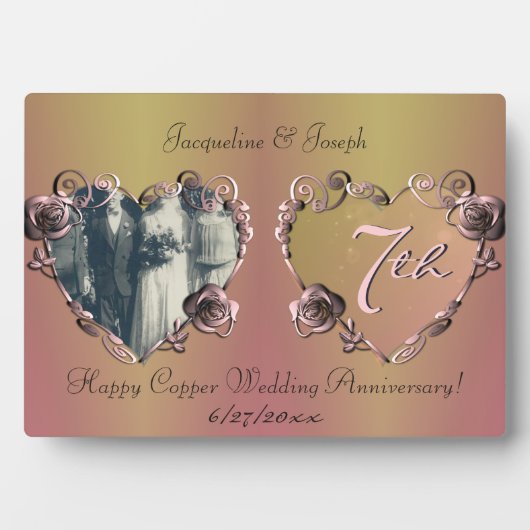 7th Wedding Jubileum Coppery Roos Plaque Fotoplaat (voorkant)