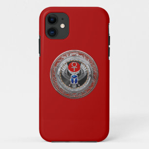 [800] Sacred Silver Egyptian Winged Scarab & Ankh iPhone 11 Hoesje
