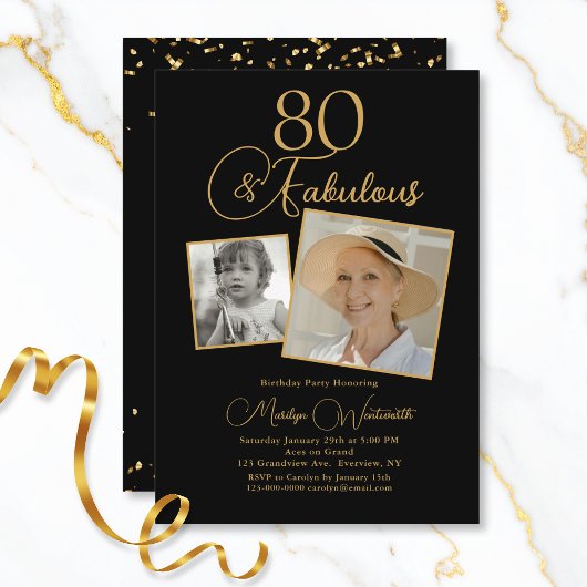 80 and Fabulous 80th Birthday Gold Script 2 Photo Kaart