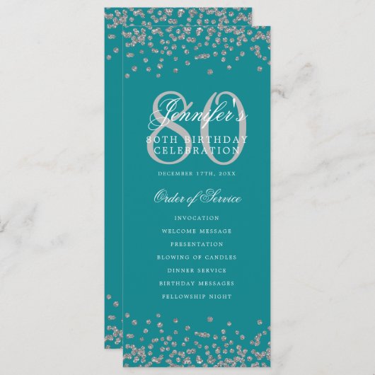 80 Anniversaire Programme Confetti Argent Menu Tur (Devant / Derrière)