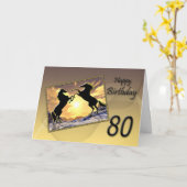 80 ans, carte d'anniversaire avec chevaux d'élevag (Fleur jaune)