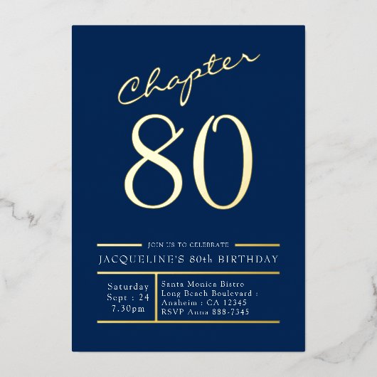 80 Blue 80th Birthday Party Gold Folie Uitnodiging (Voorkant)