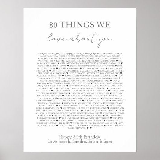 80 choses que nous aimons de vous affiche (Devant)