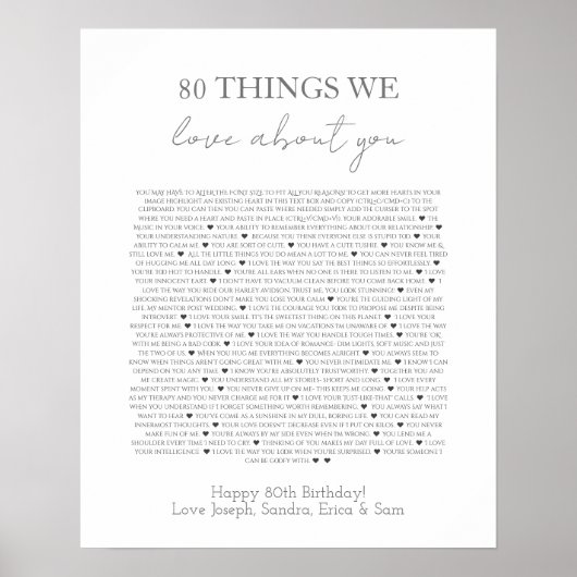 80 choses que nous aimons de vous affiche (Devant)