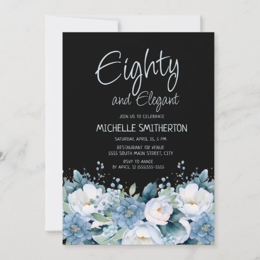80 en Elegant Stofblauw Wit Bloemmotief Zwart Kaart (Voorkant)