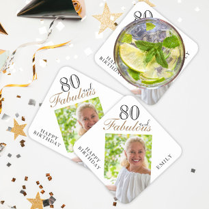 80 en Fabulous Elegant Script Photo 80th Birthday Vierkante Kartonnen Onderzetter