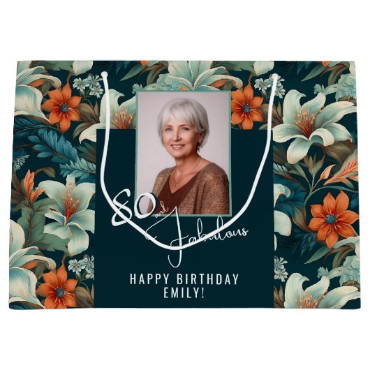 80 en Fabulous Flower Pattern Verjaardagsfoto Groot Cadeauzakje (Voorkant)