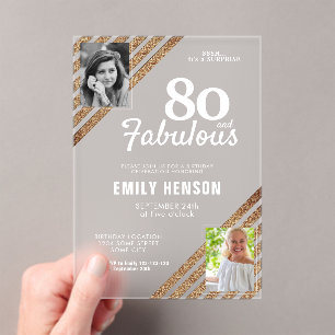80 en Fabulous Gold Glitter 2 Foto 80th Birthday Acryl Uitnodigingen