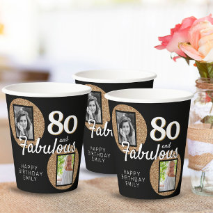 80 en Fabulous Gold Glitter 2 Foto 80th Birthday Papieren Bekers