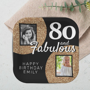 80 en Fabulous Gold Glitter 2 Foto 80th Birthday Papieren Bordje