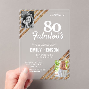 80 en Fabulous Gouden Glitter 2 Foto 80ste Verjaar Acryl Uitnodigingen