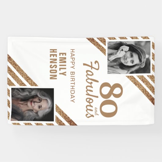 80 en Fabulous Gouden Glitter 2 Foto 80ste Verjaar Spandoek (Horizontaal)