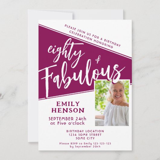 80 en Fabulous Script Magenta Foto 80e Verjaardag Kaart (Voorkant)