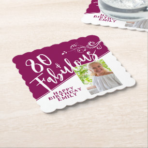 80 en Fabulous Script Photo Magenta 80th Birthday Kartonnen Onderzetters