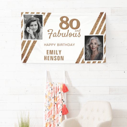 80 en Prachtig Goud Glitter 2 Foto 80ste Verjaarda Spandoek (Insitu)