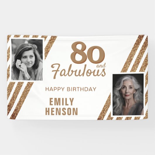 80 en Prachtig Goud Glitter 2 Foto 80ste Verjaarda Spandoek (Horizontaal)
