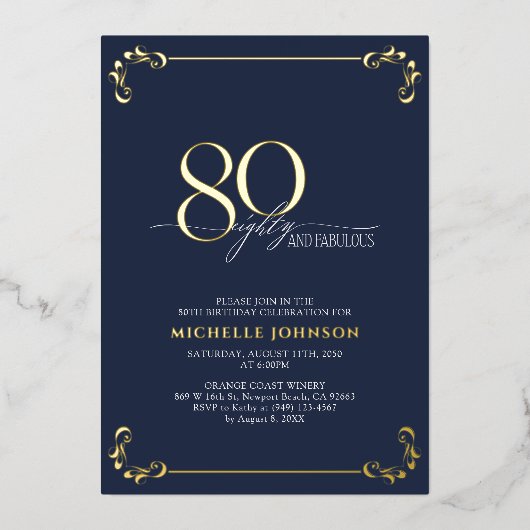 80- & Fabulous Blue- en Gold-kalligrafie op zaterd Folie Uitnodiging (Voorkant)