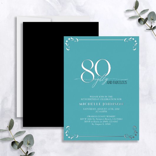 80 & Fabulous Turquoise & Silver Birthday Folie Uitnodiging
