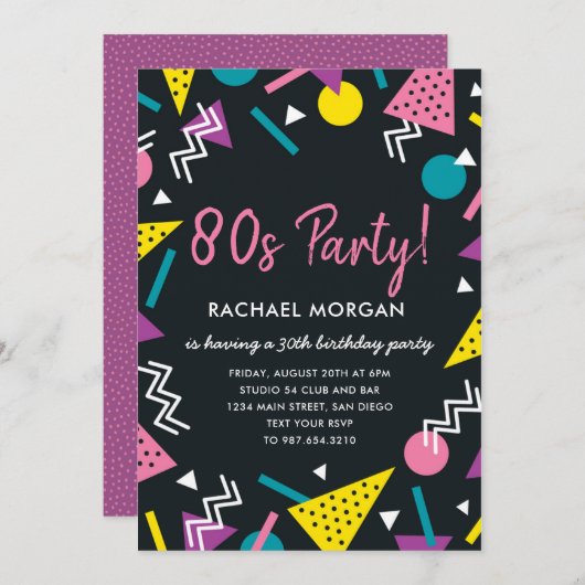 80 Fête Noir et Rétro Anniversaire Invitation (Devant / Derrière)