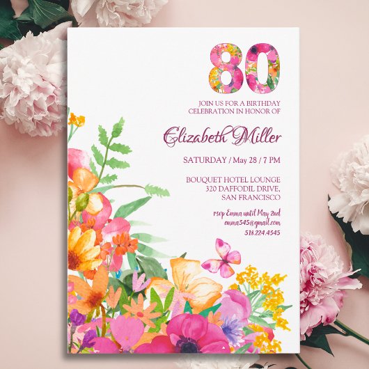 80 Years Flowers Butterflies 80th Birthday Kaart