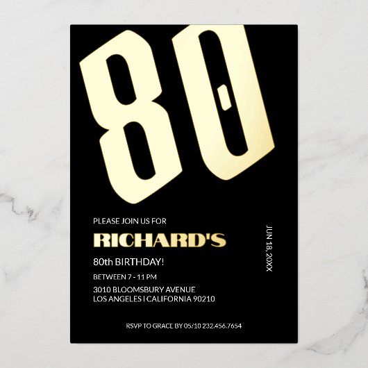 80e anniversaire Black Gold Foil invitations (Recto)