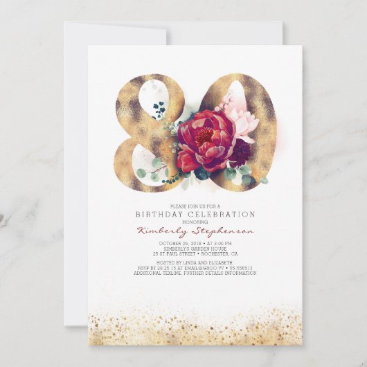 80e anniversaire Bourgogne Gold Floral Invitation (Devant)
