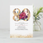80e anniversaire Bourgogne Gold Floral Invitation (Debout devant)