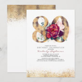 80e anniversaire Bourgogne Gold Floral Invitation (Devant / Derrière)