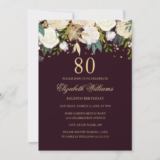 80e anniversaire Bourgogne Gold Floral Invitation (Devant)