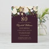 80e anniversaire Bourgogne Gold Floral Invitation (Debout devant)