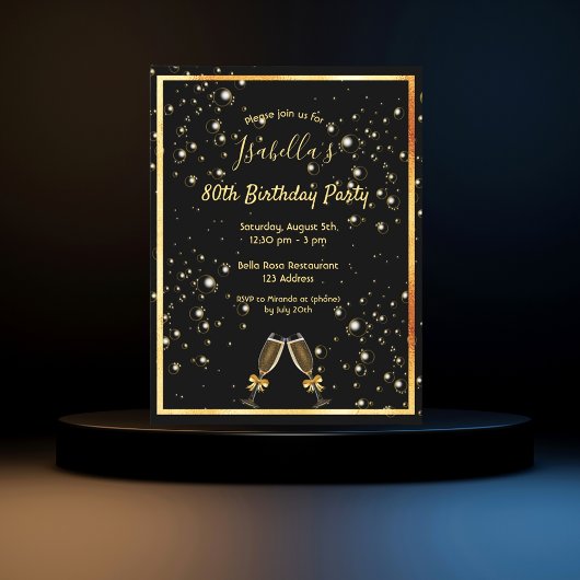 80e anniversaire bulles d'or noir invitation