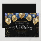 80e anniversaire de fête Bleu et Gold Invitation (Devant / Derrière)