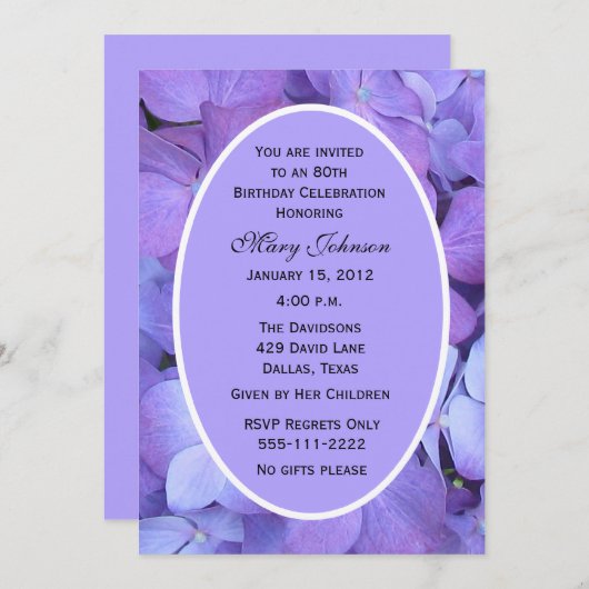 80e anniversaire de fête Invitation Hydrangeas (Devant / Derrière)