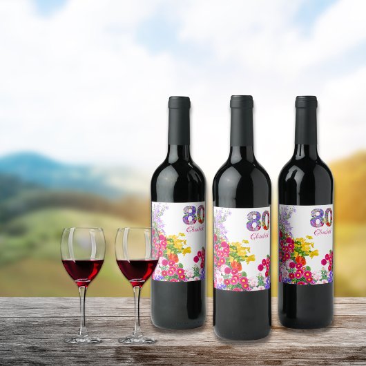 80e anniversaire fleur bouquet étiquettes de vin