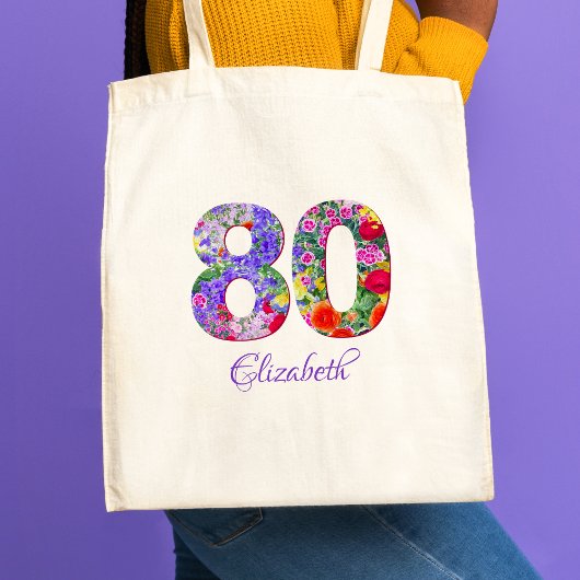 80e anniversaire fleuri coloré nom sac fourre-tout
