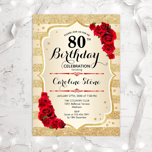 80e anniversaire - Gold Stripes Invitation Rose