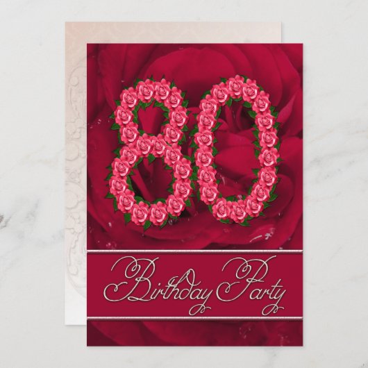 80e anniversaire invitation à la fête avec roses (Devant / Derrière)